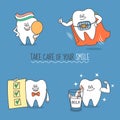 Take care of your smile. Tooth with bracket, milk, mirror, and check list. Cute and funny characters for your