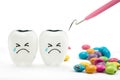 Teeth crying emotion with dental plaque cleaning tool Royalty Free Stock Photo