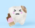 Teeth decay, sad baby tooth with chocolate bar and enamel caries 3d render icon. Bad damaged cartoon kawaii character