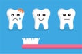 Teeth with different emotions and pink toothbrush. Flat style vector illustration. Dental care concept design.
