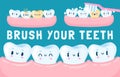 Teeth in the gum. Cartoon cute happy teeth characters for children dental poster, happy clean white tooth with friends