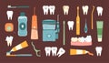 Teeth health, dental care set. Collection of oral hygiene cleaning tools and different teeth. Flat vector illustration