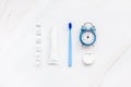 Teeth hygiene and oral care products flatlay