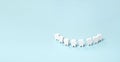 Teeth models standing in a row making a smile on a blue background.