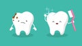 Teeth. Plaque terth, shiny white tooth. Mouth hygiene and toothache. Dental happy and sad vector characters Royalty Free Stock Photo