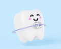 Teeth with plastic or ceramic dental braces 3d render icon. Cartoon smiling kawaii character, baby tooth with brackets