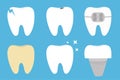 Teeth set. Cracked, broken, healthy yellow white ill tooth dental implant prosthesis, braces. Shining star. Cute cartoon kawaii Royalty Free Stock Photo