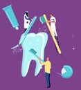 Teeth whitening concept.Dentistry service in clinic.Tiny characters brushing and cleaning huge molar with dental instruments.Oral