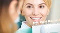 Dentist selects the shade of the teeth to the patient Royalty Free Stock Photo