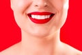 Teeth whitening. Healthy white smile close up. Beauty woman with perfect smile- lips and teeth. Beautiful Model Girl with red lips Royalty Free Stock Photo