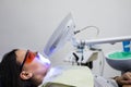 Teeth whitening on lamp ultravioleta. The girl on reception at the dentist for teeth whitening. The concept of dental care