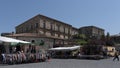 Teggiano, Campania, Italy, view of the town castle. View of the stalls of the city market