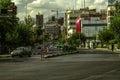 Against the backdrop of a cloudy sky, a view of a steep climb along the wide Mirza Shiraz Street in the Iranian capital Tehran