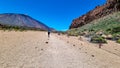 Teide - Man with backpack hiking to Riscos de la Fortaleza near Pico del Teide, Mount El Teide National Park, Tenerife, Royalty Free Stock Photo