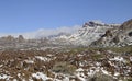 Teide National Park or Las Canadas del Teide in winter, views towards Llano de Ucanca and lava Aa covered in snow