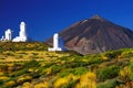 Teide Observatory - scientific astronomical telescope with Teide mountain in background, Tenerife island, Spain Royalty Free Stock Photo