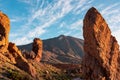 Teide - Scenic golden hour sunrise morning view on unique rock formation Roque Cinchado, Roques de Garcia, Tenerife. Royalty Free Stock Photo