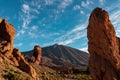 Teide - Scenic golden hour sunrise morning view on unique rock formation Roque Cinchado, Roques de Garcia, Tenerife. Royalty Free Stock Photo