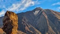 Teide - Scenic golden hour sunrise morning view on unique rock formation Roque Cinchado, Roques de Garcia, Tenerife. Royalty Free Stock Photo