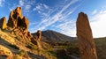 Teide - Scenic golden hour sunrise morning view on unique rock formation Roque Cinchado, Roques de Garcia, Tenerife. Royalty Free Stock Photo