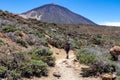 Teide - Woman on hiking trail La Fortaleza from El Portillo. Panoramic view on volcano Pico del Teide Royalty Free Stock Photo