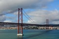 Tejo river. Almada. Lisbon. Portugal. 25th April bridge. Colour photo. Blue. Red.