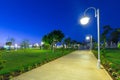 Tekirova, Turkey - September 2, 2019: Beautiful garden area of the Phaselis Rose hotel in Tekirova at dawn, Turkey. Tekirova is a