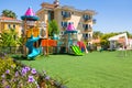 Tekirova, Turkey - September 2, 2019: Beautiful playground area of the Phaselis Rose hotel in Tekirova, Turkey. Tekirova is a