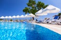Tekirova, Turkey - September 7, 2019: Beautiful pool area of the Phaselis Rose hotel in Tekirova, Turkey. Tekirova is a seaside