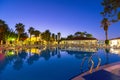 Tekirova, Turkey - September 2, 2019: Beautiful pool of the Phaselis Rose hotel in Tekirova at dawn, Turkey. Tekirova is a seaside