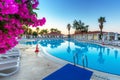 Tekirova, Turkey - September 2, 2019: Beautiful pool of the Phaselis Rose hotel in Tekirova at sunrise, Turkey. Tekirova is a