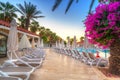 Tekirova, Turkey - September 2, 2019: Beautiful pool of the Phaselis Rose hotel in Tekirova at sunrise, Turkey. Tekirova is a