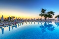 Tekirova, Turkey - September 2, 2019: Beautiful pool of the Phaselis Rose hotel in Tekirova at sunrise, Turkey. Tekirova is a