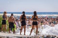 Tekirova, Turkey - September 7, 2019: People having foam party on the beach of turkish riviera in Tekirova. Tekirova is a seaside