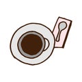 A cup of coffee with saucer, tea spoon and napkin illustration on white background. top view concept. hand drawn vector. doodle ar