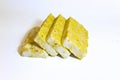 Teks paragraf Anda - 155Close-up of fresh tempeh slices on a white background Royalty Free Stock Photo