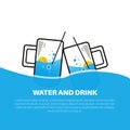 Illustration of a glass full of water and lemon icon on white background.