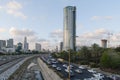 23 May 2017. Tel Aviv. Ayalon highway against city line and towers. Israel Royalty Free Stock Photo