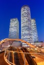 Tel Aviv Azrieli Center skyline Israel blue hour night bridge city skyscrapers portrait format modern architecture Royalty Free Stock Photo