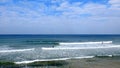 Tel Aviv. Blue sky. White clouds. Birch water. The sun. The waves. Surfing. Royalty Free Stock Photo