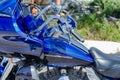 Details of blue Harley Davidson motorcycle