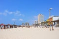 TEL AVIV, ISRAEL - APRIL, 2017: Tel Aviv beach with some of its famous hotels, Mediterranean sea.
