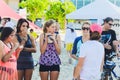 Tel Aviv, Israel, August 12th, 2018: Lots of tourists and locals are swimming at blue Mediterranean sea and spending