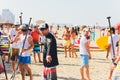 Tel Aviv, Israel, August 12th, 2018: Lots of tourists and locals are swimming at blue Mediterranean sea and spending