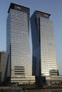 Tel-Aviv Israel-02.10.2020:downtown buildings. twin towers of glass and concrete. modern office building with glass windows. Royalty Free Stock Photo