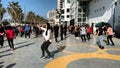 Unidentified citizens dancing traditional Israeli dances on Tel Aviv Promenade