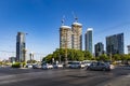 Tel Aviv, Israel - 29 of July 2019: Two building crane attached to the construction of a modern high-rise building at the Royalty Free Stock Photo