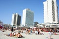 Tel Aviv, Israel - June 7, 2013: Beach of Tel Aviv with beautiful hotels and lots of holidaymakers. Israel. Royalty Free Stock Photo
