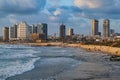 Tel Aviv, Israel - June 2013: Panoramic view of modern Tel Aviv sky line and beach on sunny day. Mediterranean sea, Israel. Sea Royalty Free Stock Photo