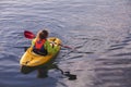 TEL AVIV, ISRAEL - MARCH 2, 2017: Young female girl kayaker paddling in kayak, in the Mediterranean Sea at jaffa port, tel aviv